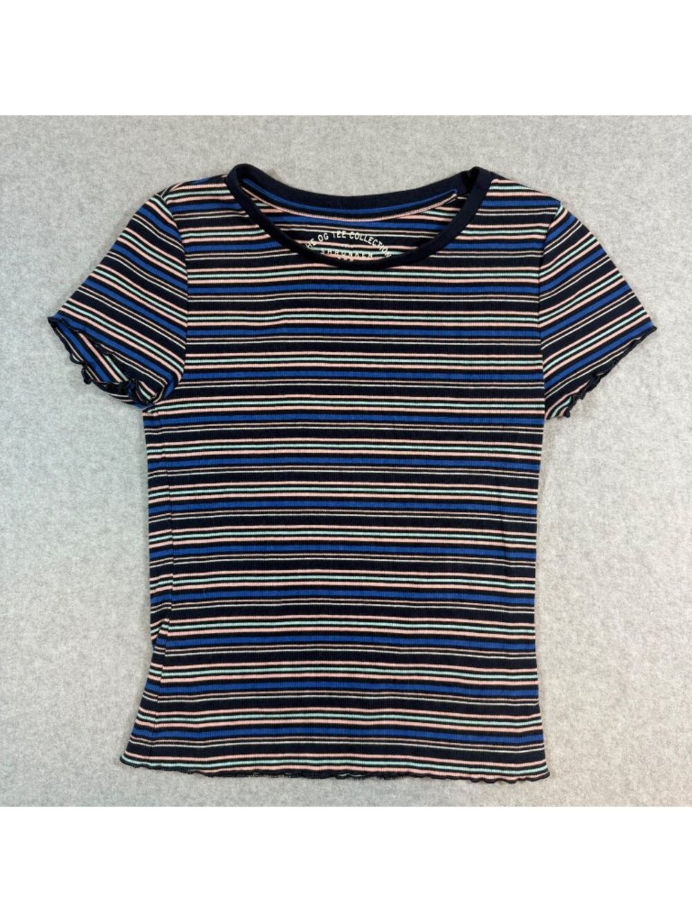 Aeropostale The OG Tee Women's Large Blue Pink Striped Ribbed T-Shirt Short